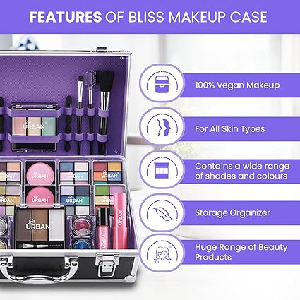 Complete Makeup Suitcase with Eyeshadow, Blusher, Lipstick, Eyebrow Wax and Powder, Brushes