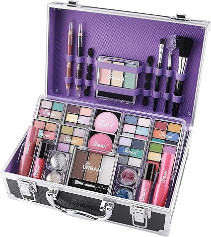 Complete Makeup Suitcase with Eyeshadow, Blusher, Lipstick, Eyebrow Wax and Powder, Brushes