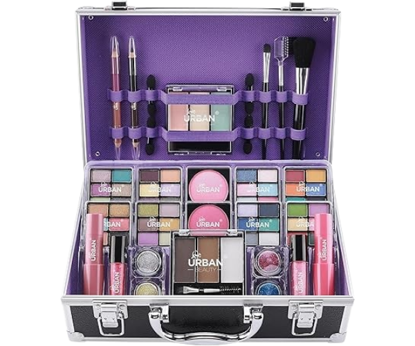 Complete Makeup Suitcase with Eyeshadow, Blusher, Lipstick, Eyebrow Wax and Powder, Brushes